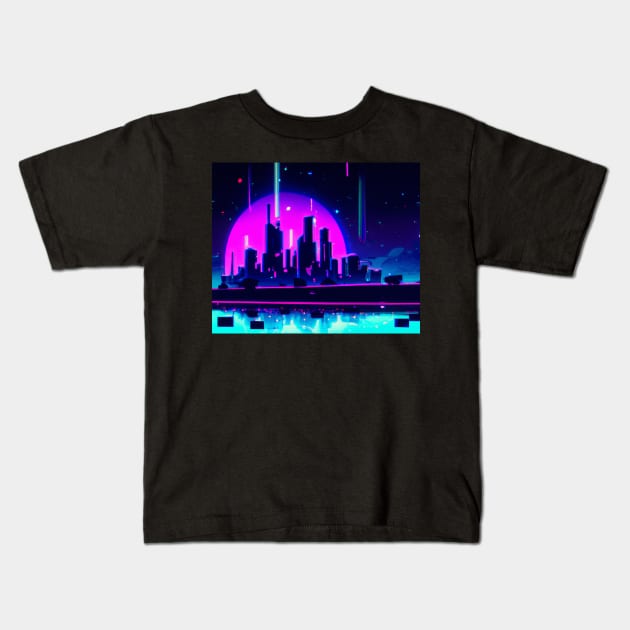 Cyan synthwave city Kids T-Shirt by SJG-digital